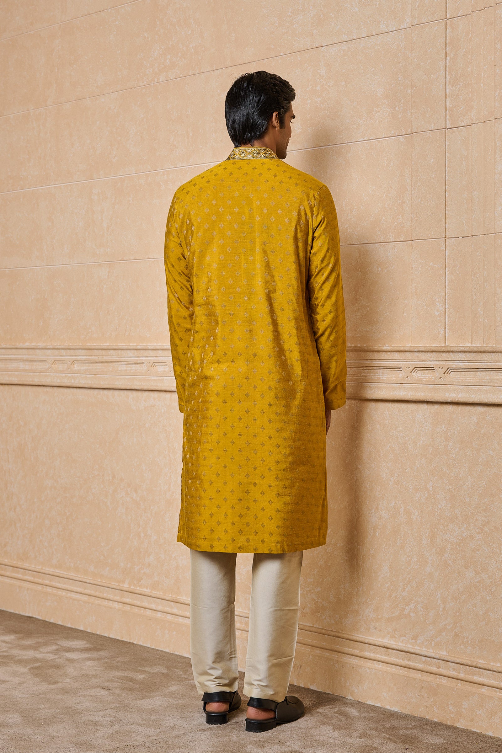 Yellow Ochre Kurta Set With Embroidered Collar