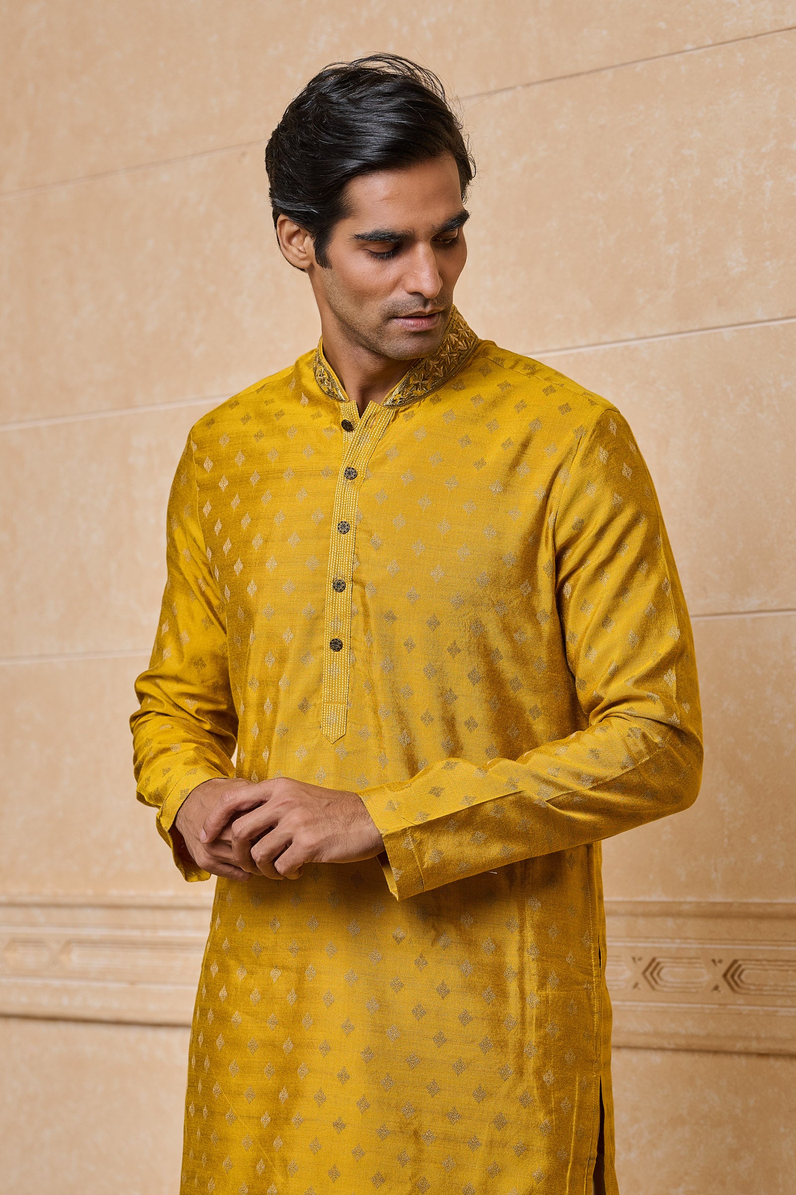 Yellow Ochre Kurta Set With Embroidered Collar