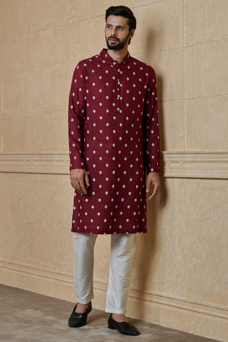 Maroon Butti Embroidered Kurta Set