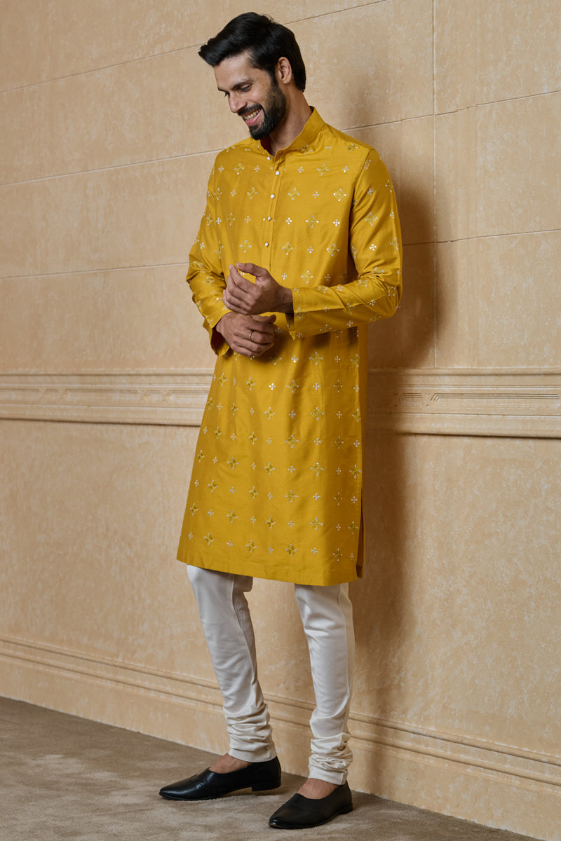 Yellow Embroidered Jacquard Kurta Set
