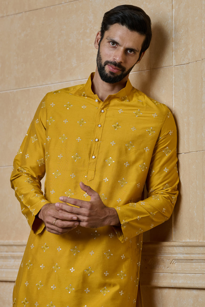 Yellow Embroidered Jacquard Kurta Set