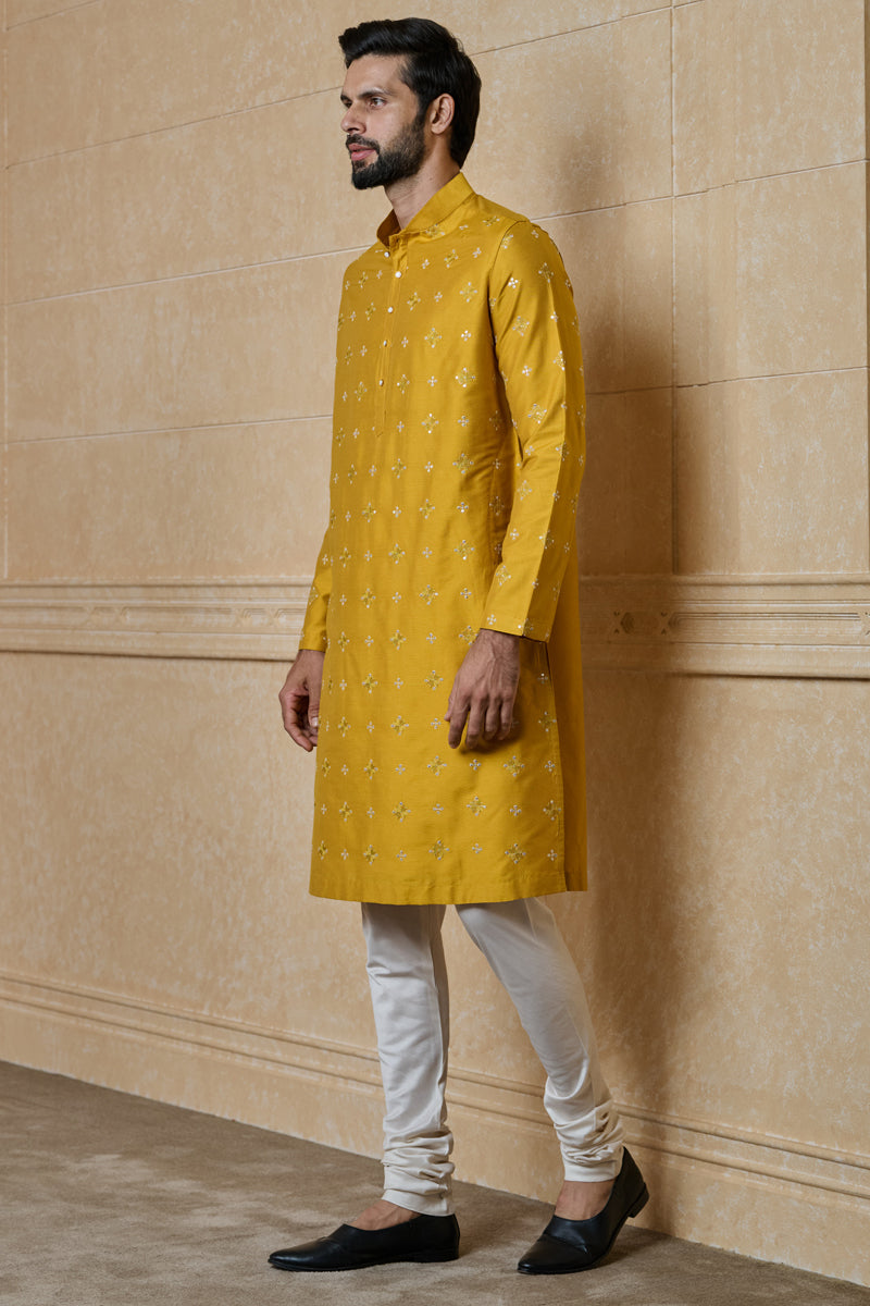 Yellow Embroidered Jacquard Kurta Set