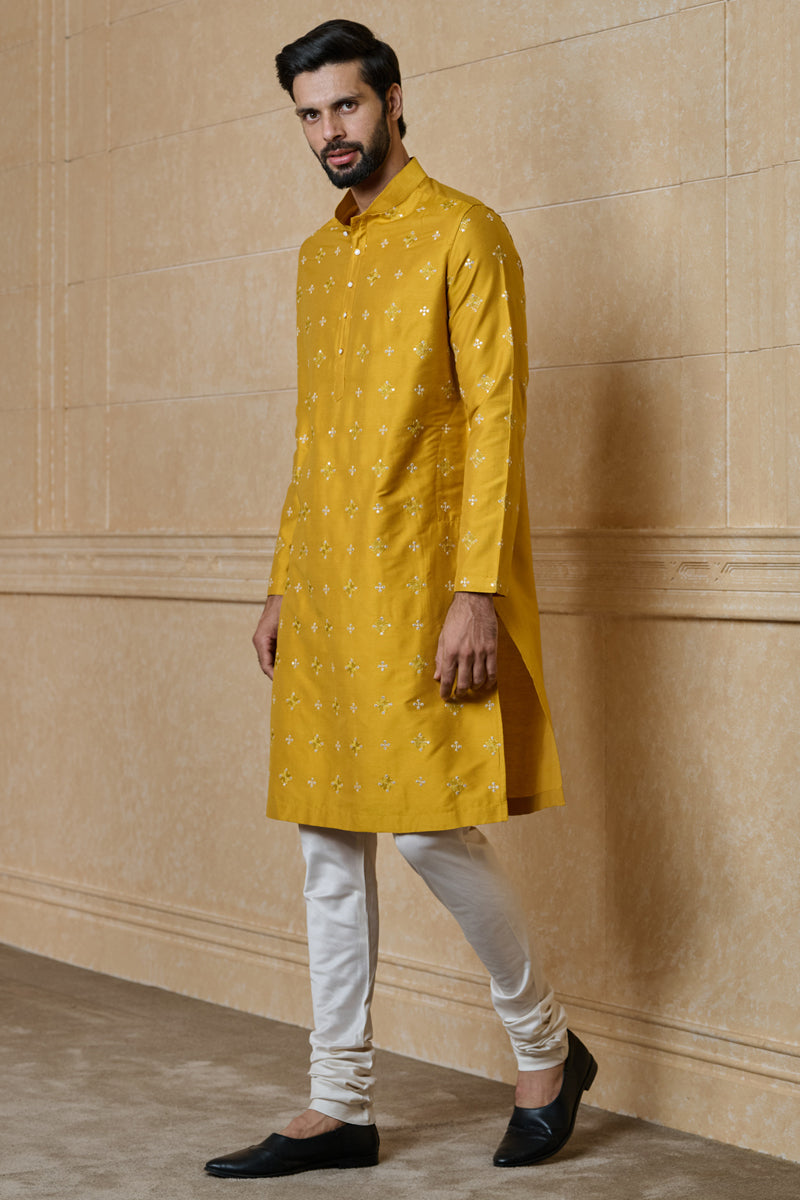 Yellow Embroidered Jacquard Kurta Set