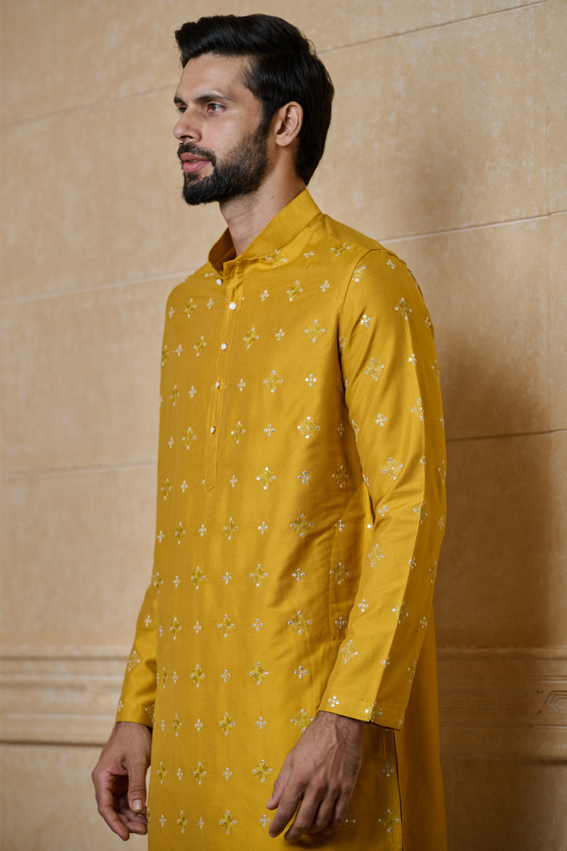 Yellow Embroidered Jacquard Kurta Set