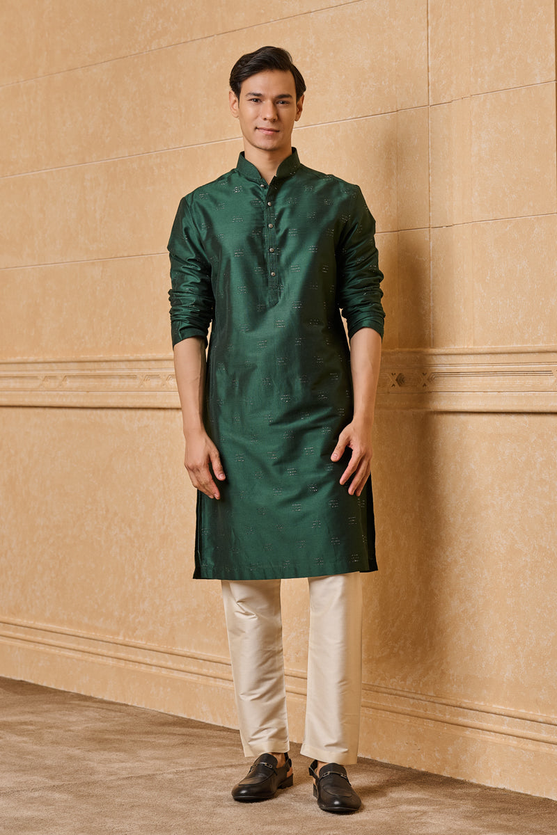 Dark Green Embellished Jacquard Kurta Set