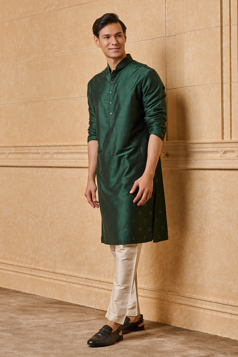 Dark Green Embellished Jacquard Kurta Set
