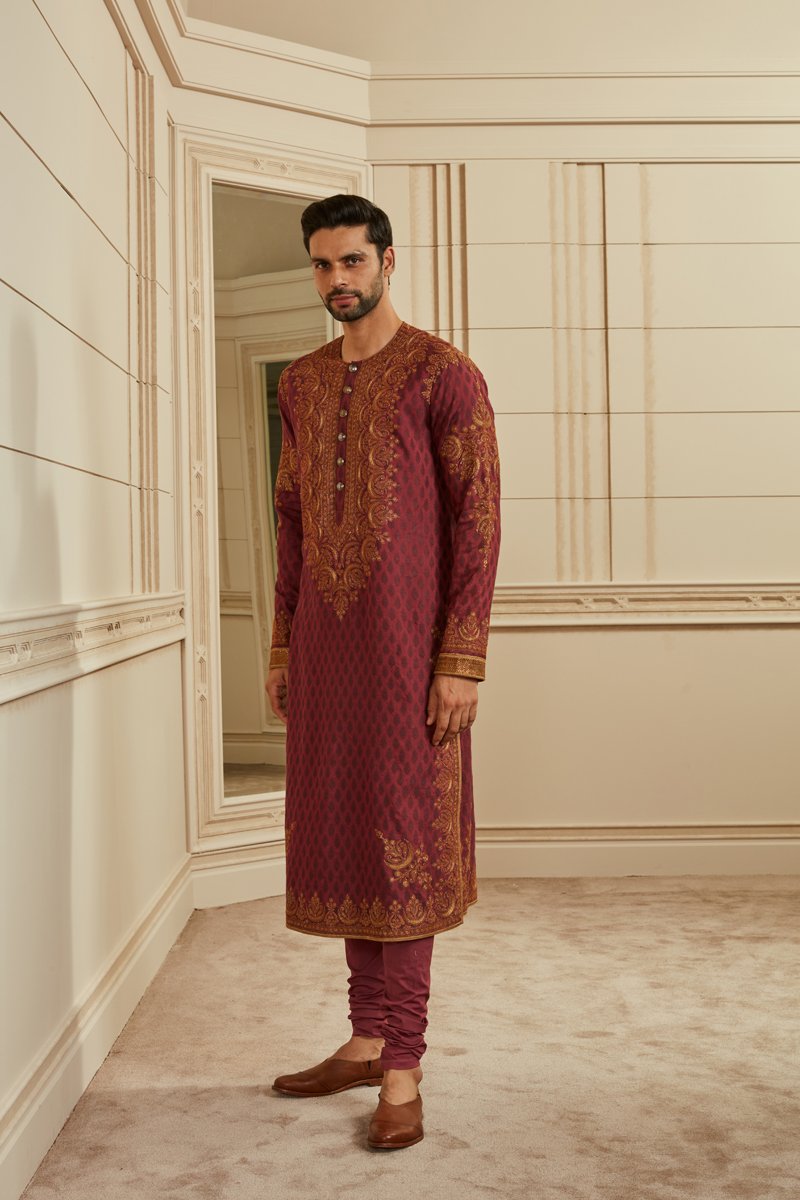 Wine Jacquard Embroidered Kurta Set