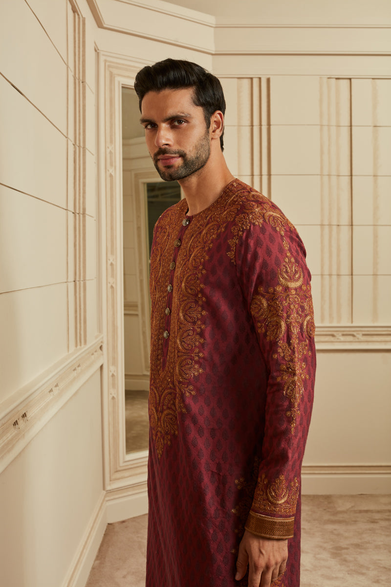 Wine Jacquard Embroidered Kurta Set
