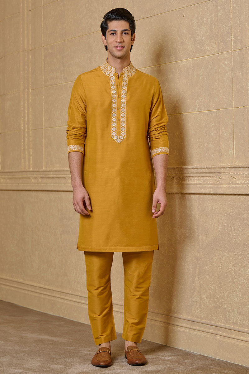 Yellow Ochre Kurta Set with Fine Thread And Gota Work