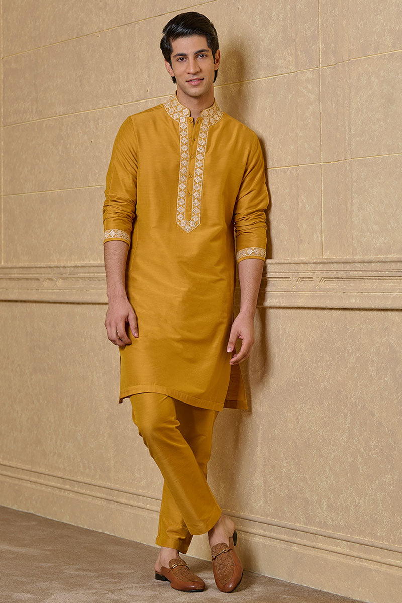 Yellow Ochre Kurta Set with Fine Thread And Gota Work