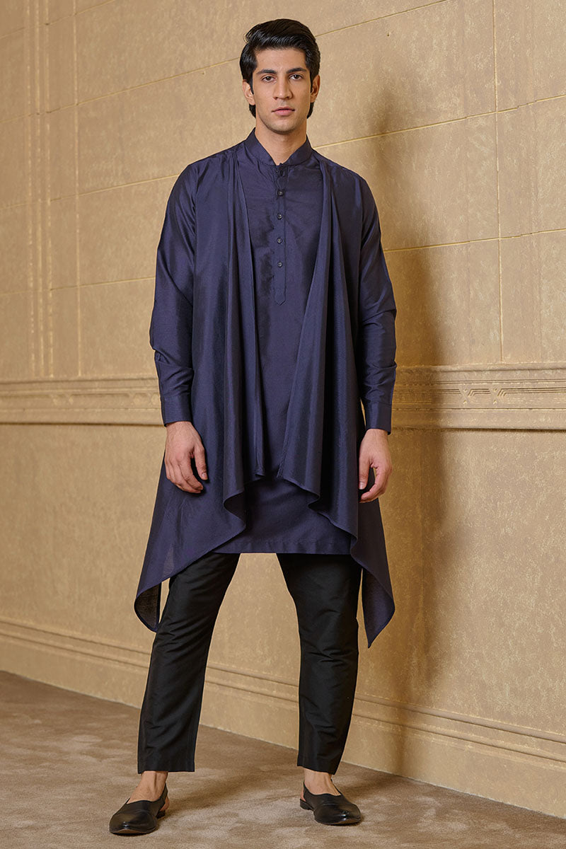 Navy Kurta Set With Drape Panels