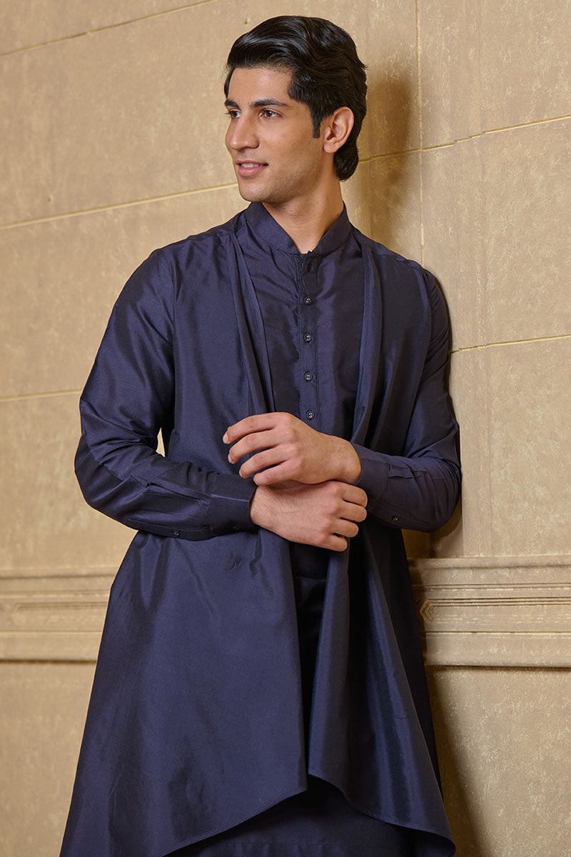 Navy Kurta Set With Drape Panels