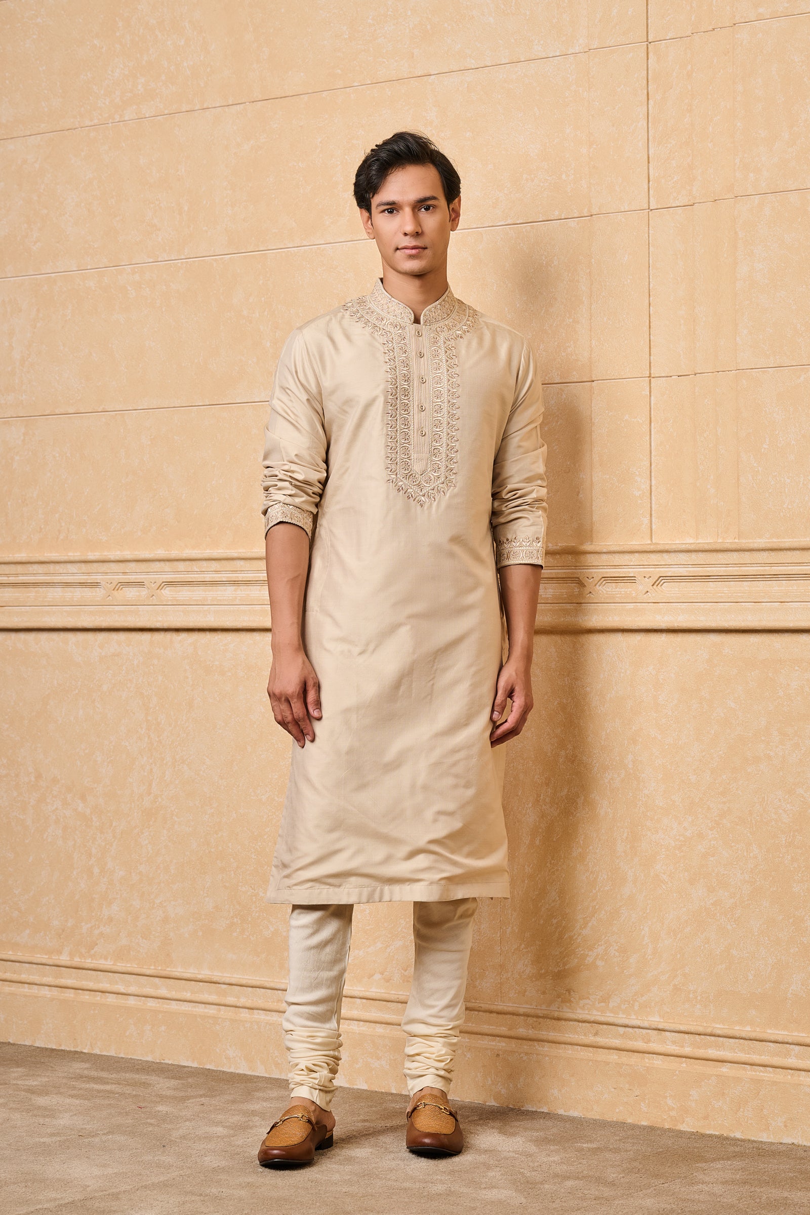 Beige Thread Embroidered Silk Kurta Set