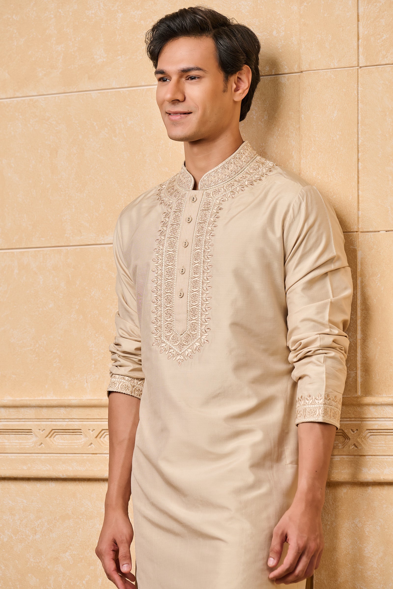 Beige Thread Embroidered Silk Kurta Set