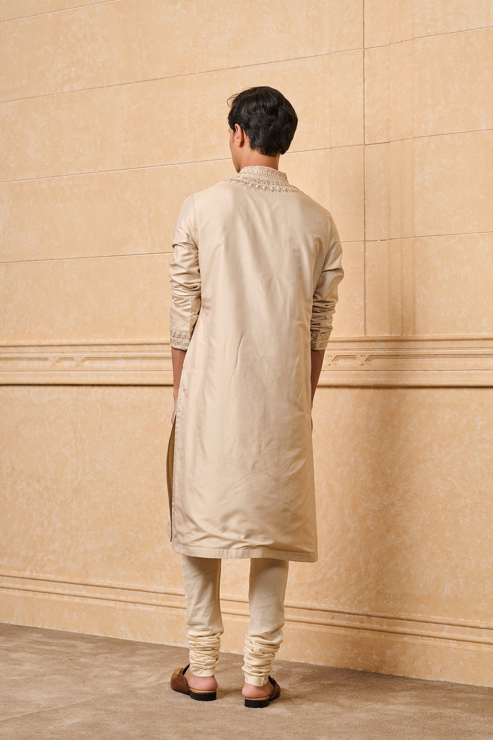 Beige Thread Embroidered Silk Kurta Set