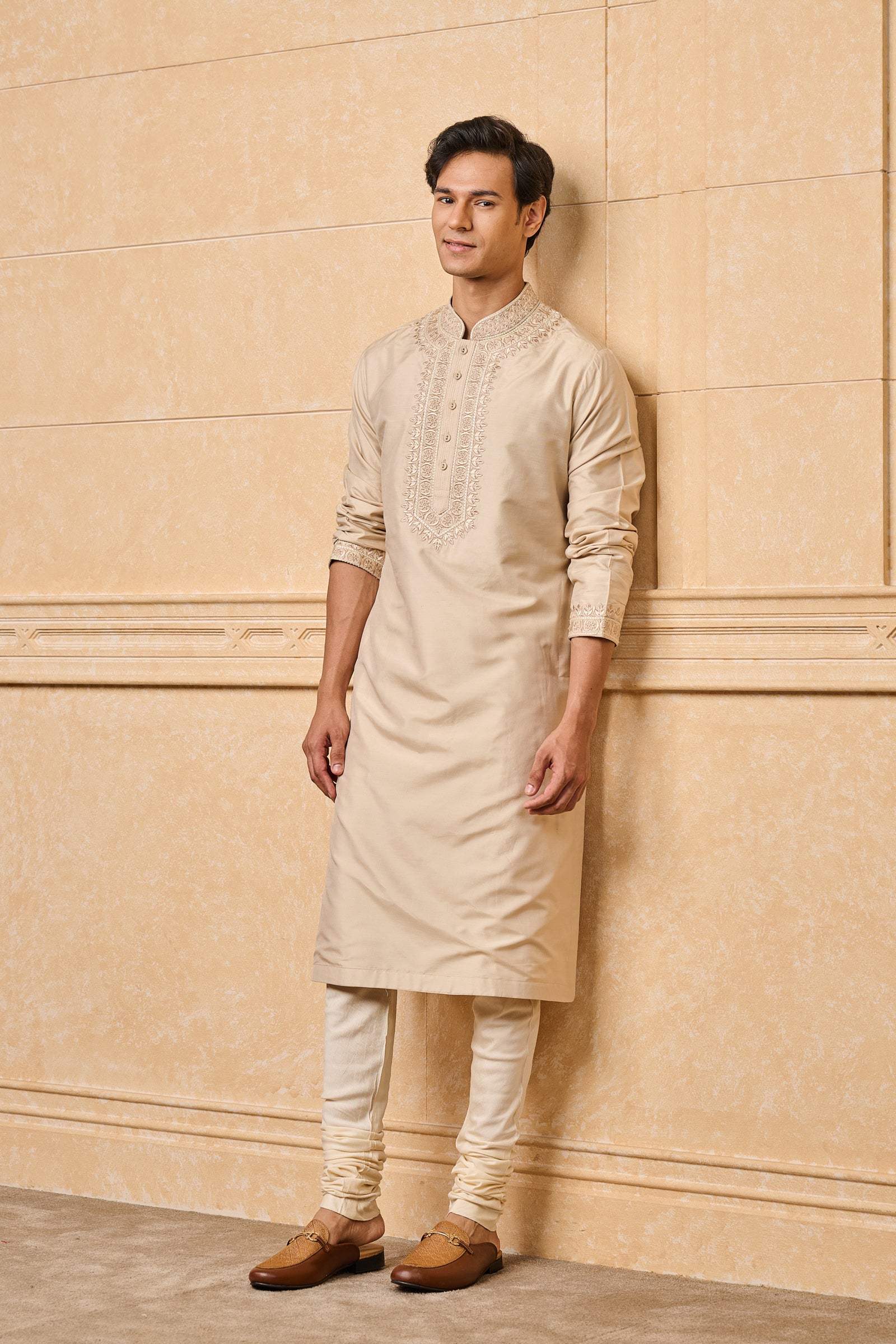 Beige Thread Embroidered Silk Kurta Set