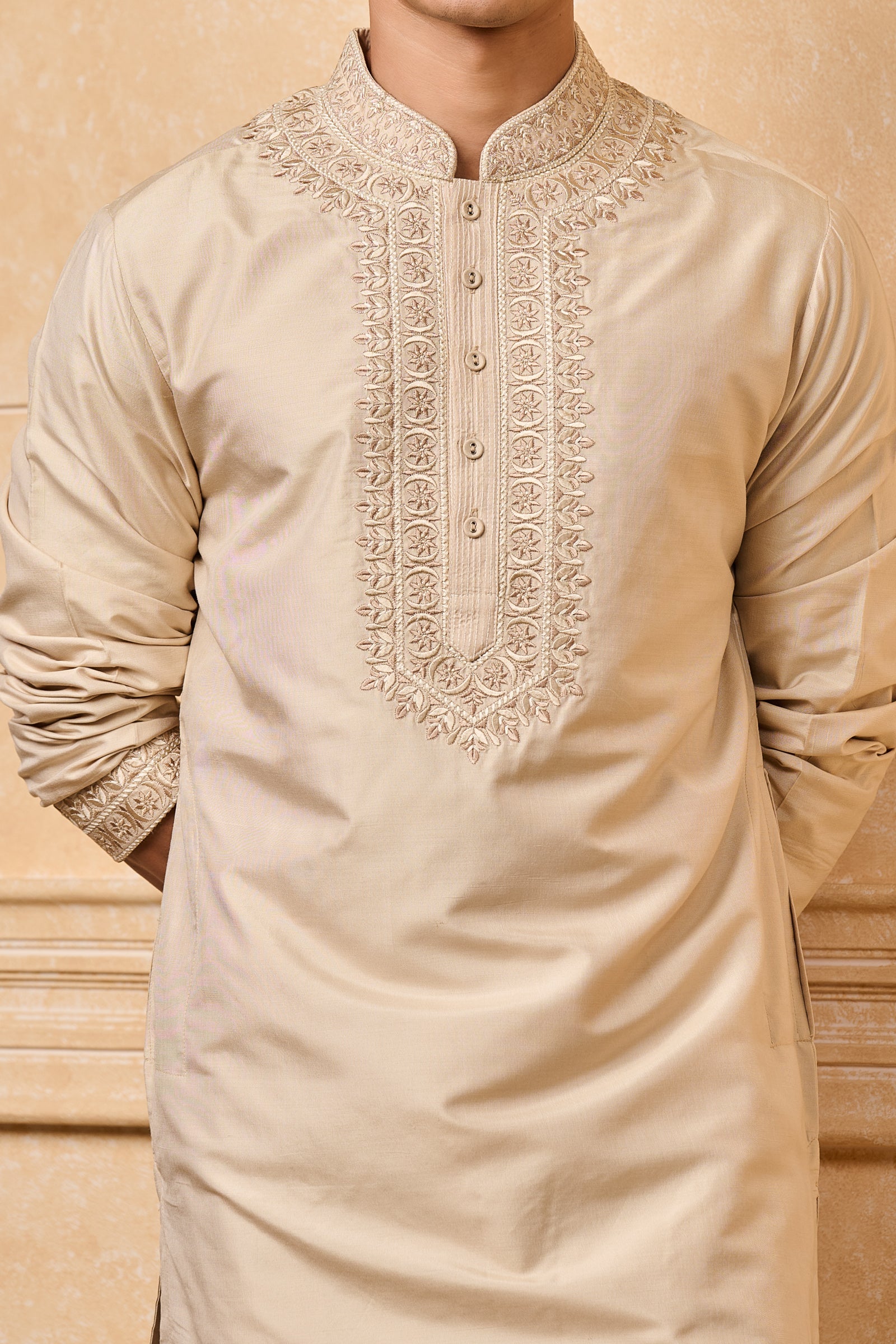 Beige Thread Embroidered Silk Kurta Set