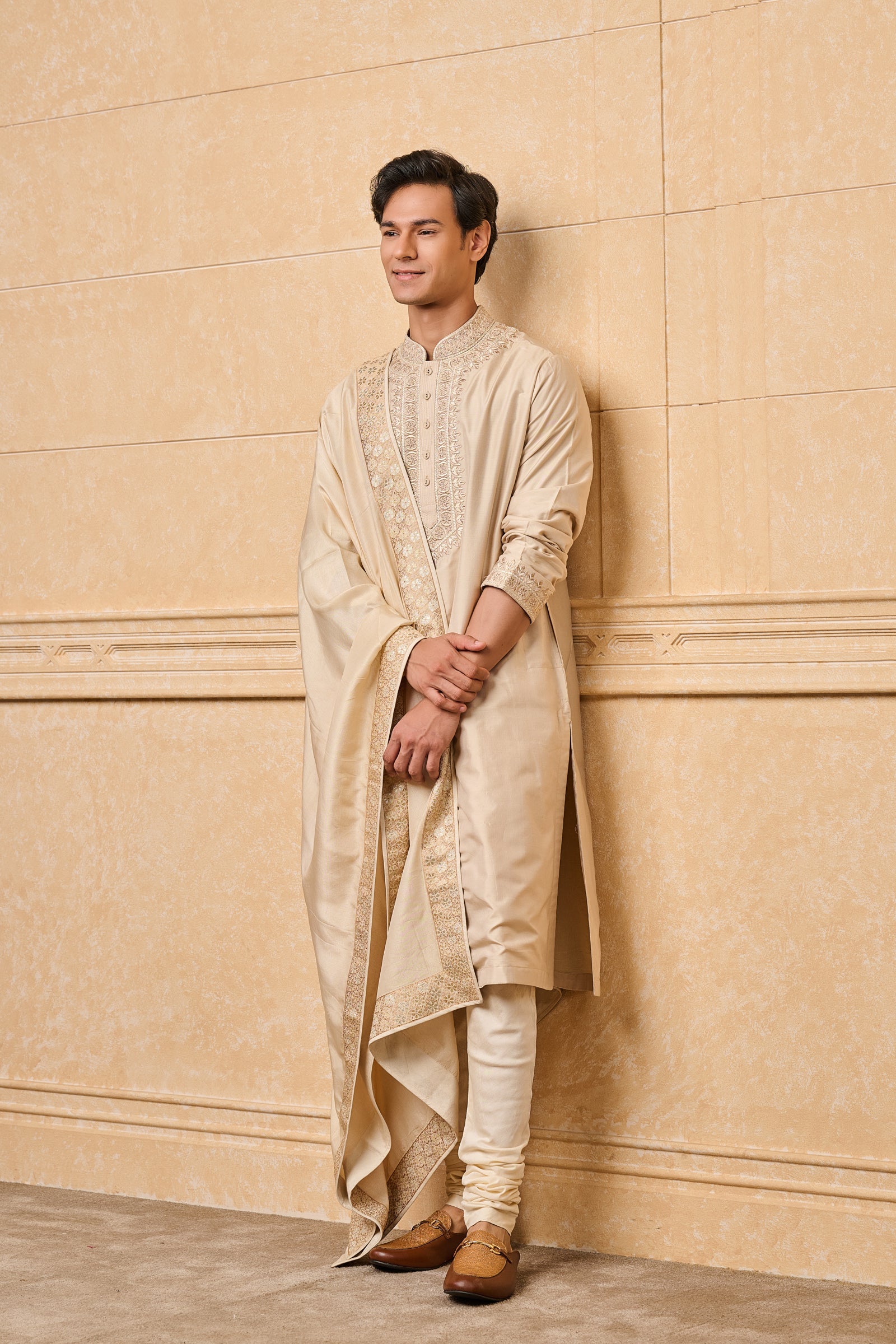 Beige Thread Embroidered Silk Kurta Set