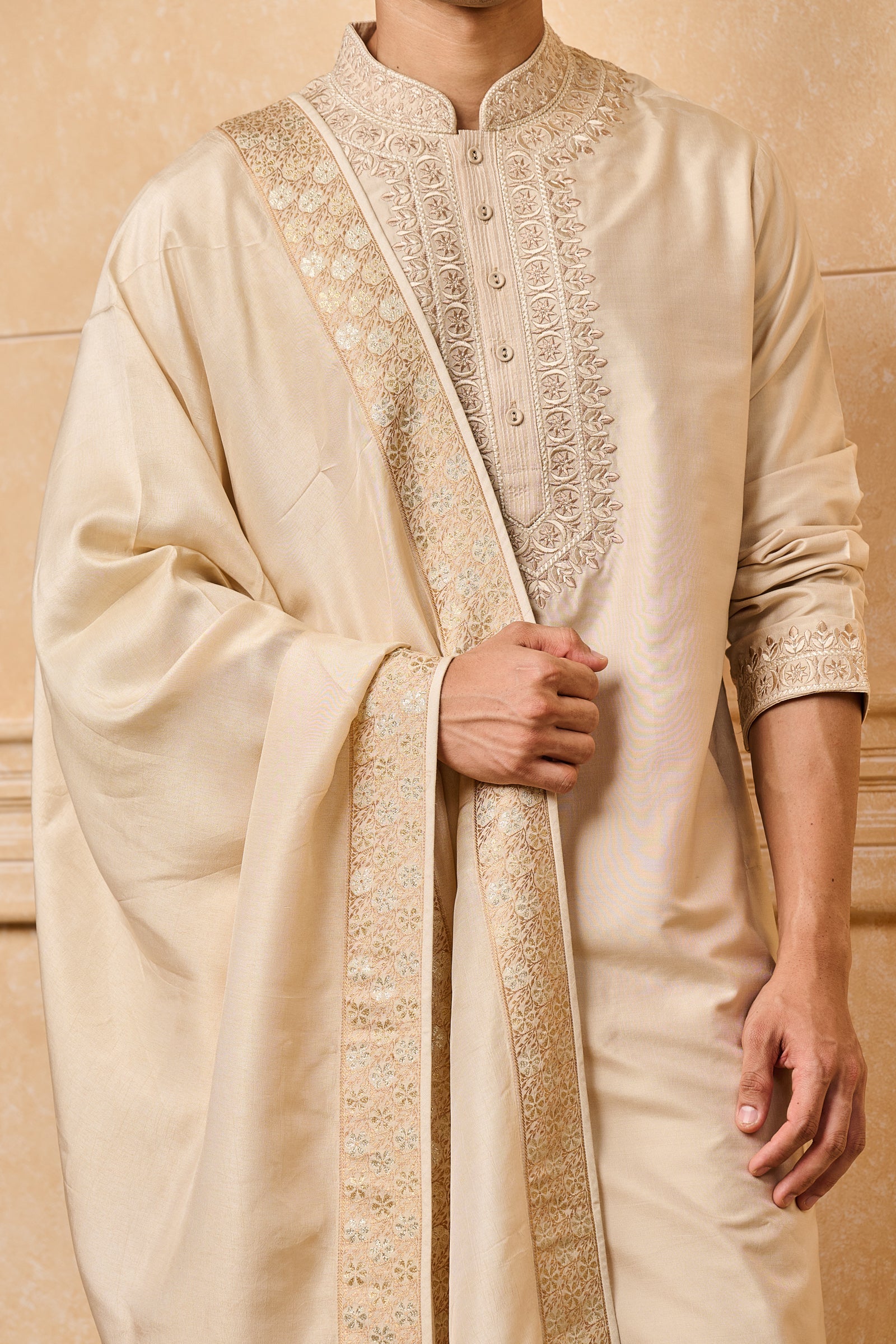 Beige Thread Embroidered Silk Kurta Set