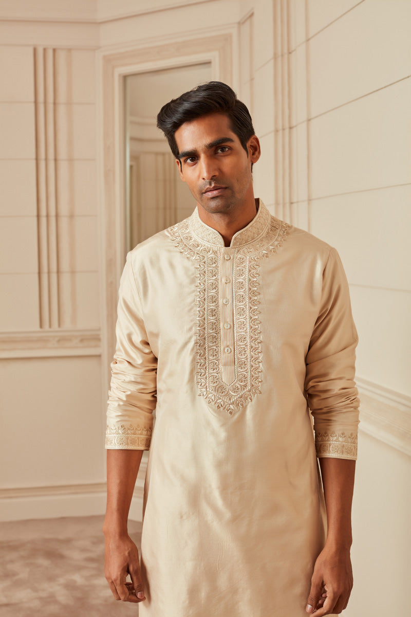 Beige Spun Silk Kurta Set With Thread Embroidery