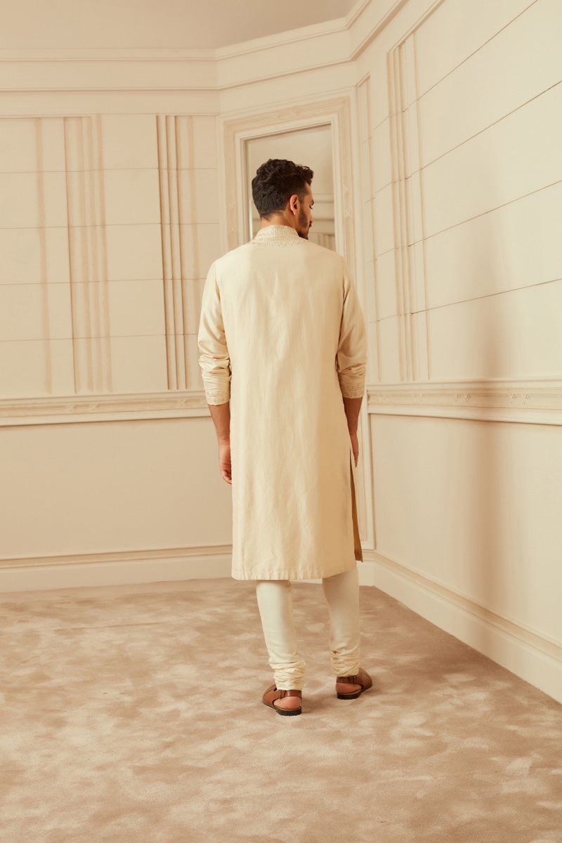 Beige Spun Silk Kurta Set With Thread Embroidery