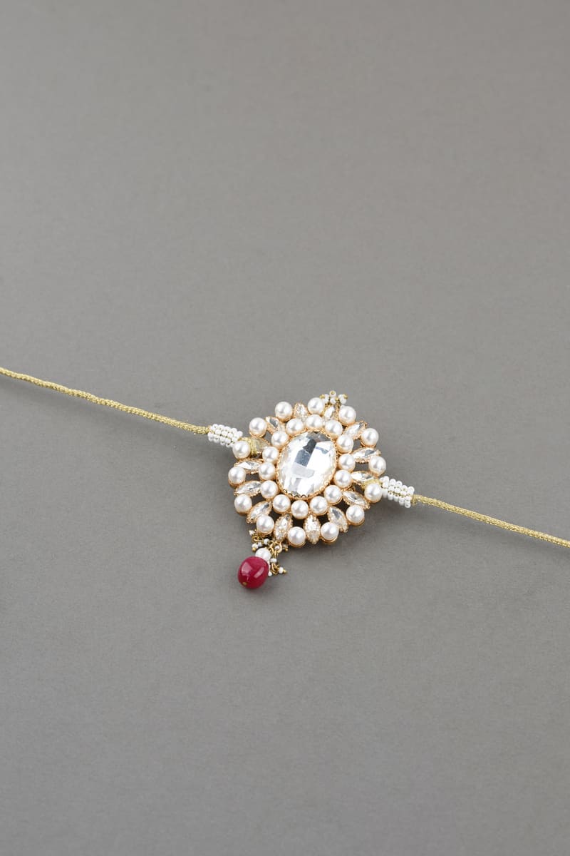 Pink Oval Shaped Crystal and Pearl Sarpech
