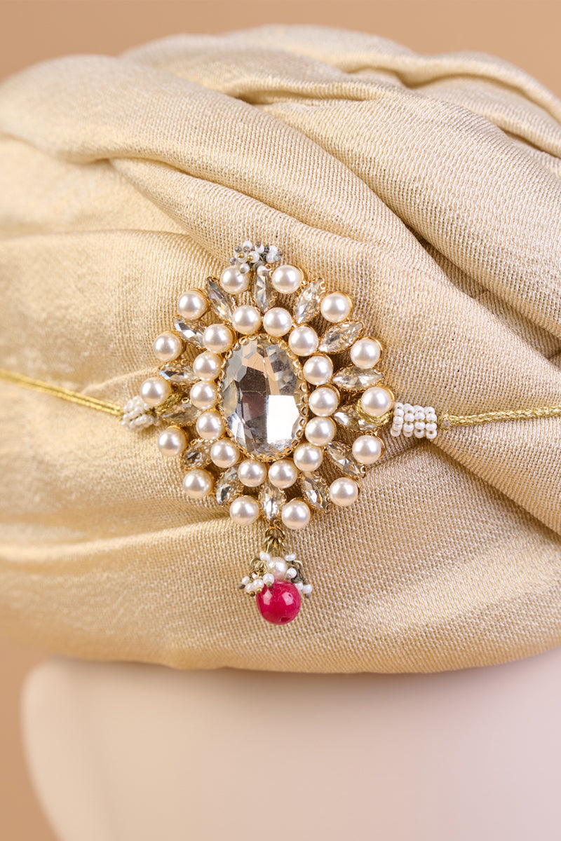 Pink Oval Shaped Crystal and Pearl Sarpech