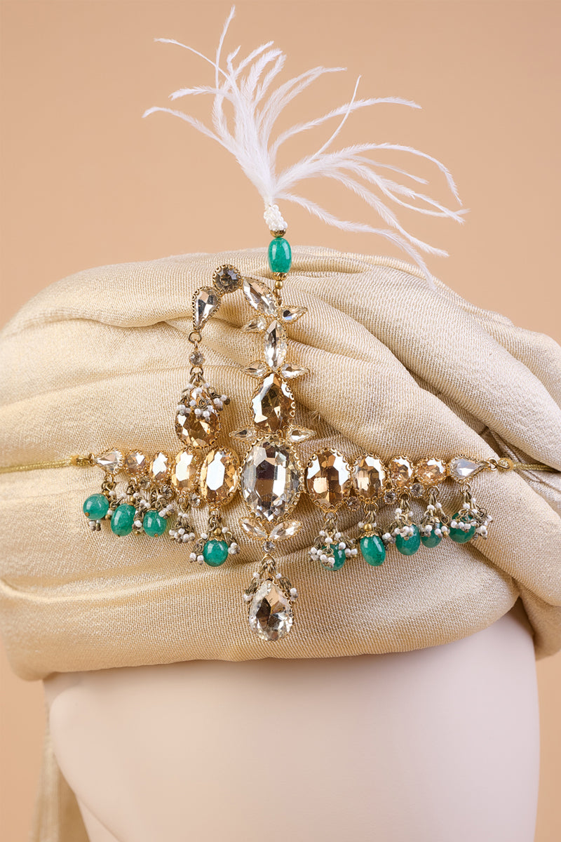 Green Pearl Crystal Drop Broad Sarpech With Feather