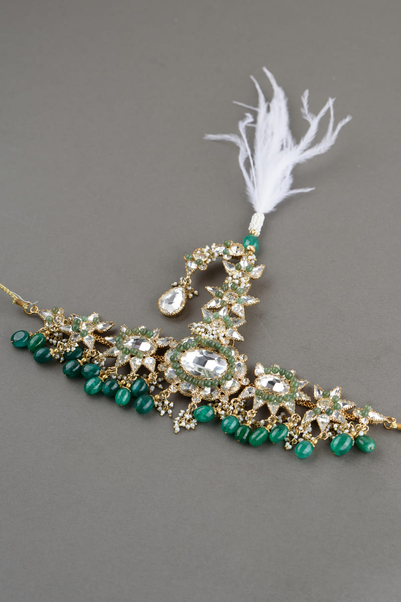 Dark Green Pearl Crystal Drop Floral Pattern Sarpech With Feather