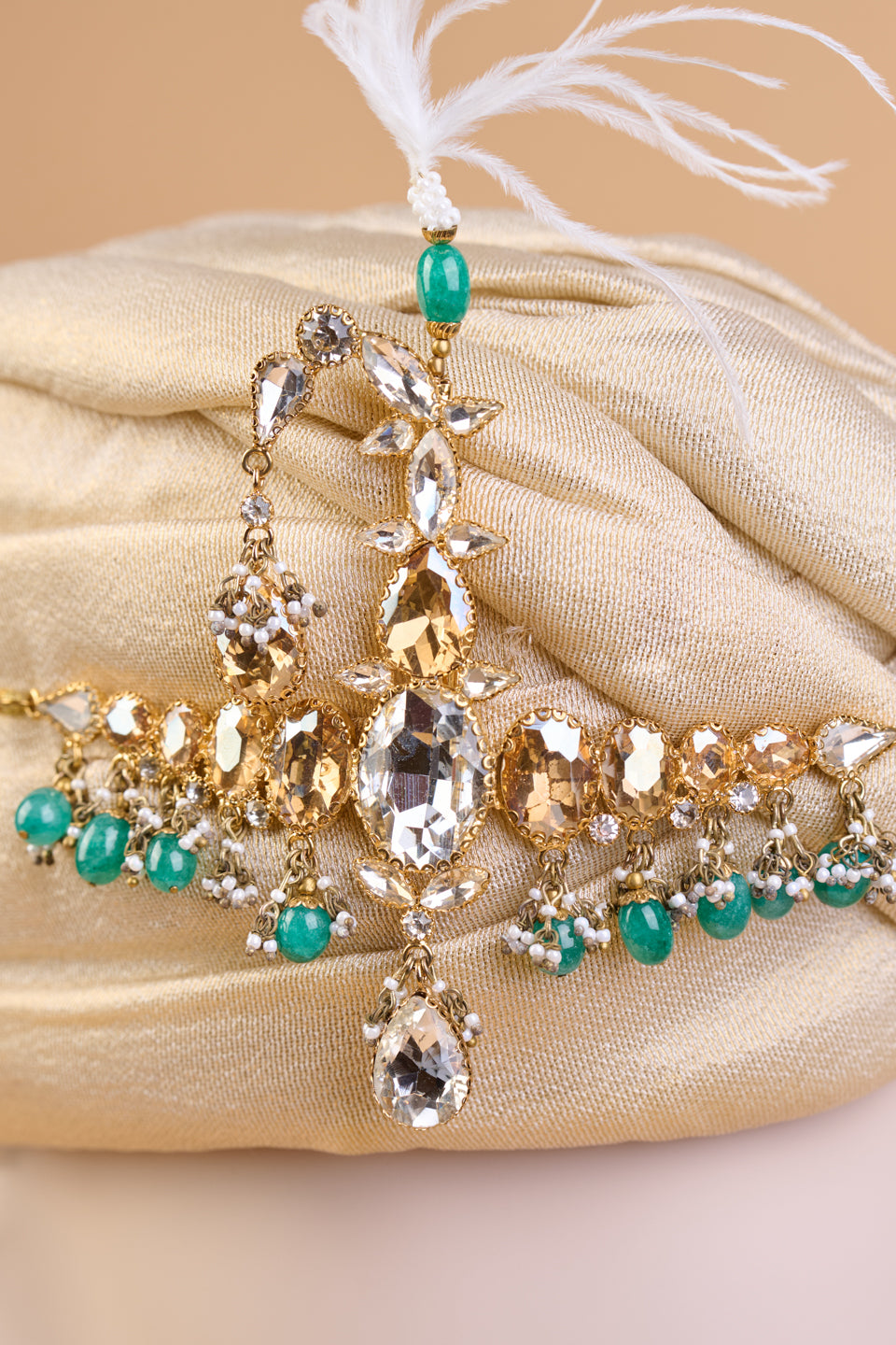 Centre Crystal Sarpech With Emerald Beads & Feather Detail
