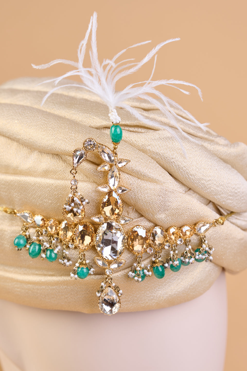 Centre Crystal Sarpech With Emerald Beads & Feather Detail