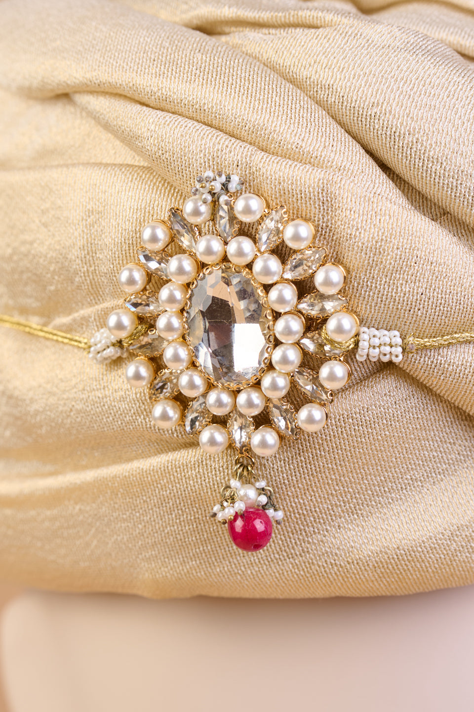 Centre Crystal Sarpech With Pearls & Feather Detail