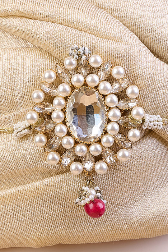 Centre Crystal Sarpech With Pearls & Feather Detail