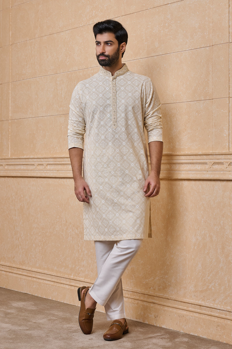 Beige Printed Kurta Set With Embroidery Highlight