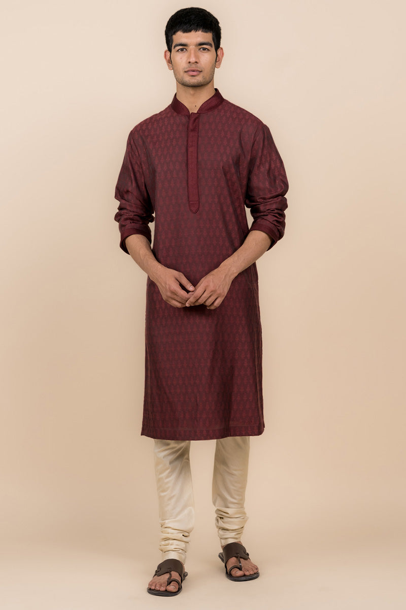 Wine Jacquard Kurta Set With Top Stitch Detailing