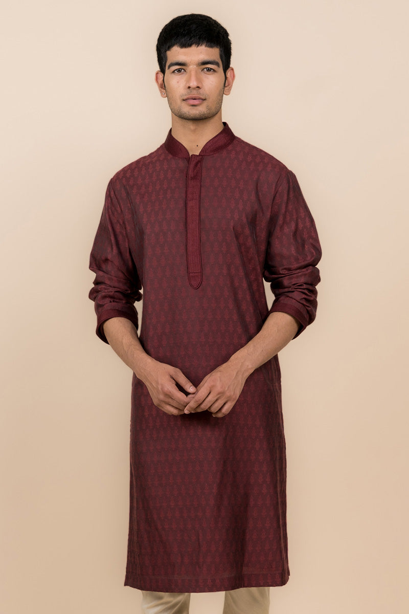 Wine Jacquard Kurta Set With Top Stitch Detailing