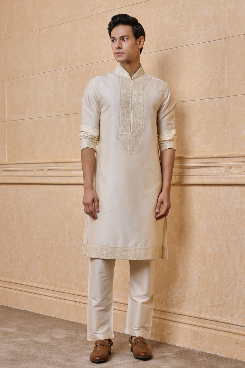 Ivory Kurta Set With Cross Stitch Yoke Detailing