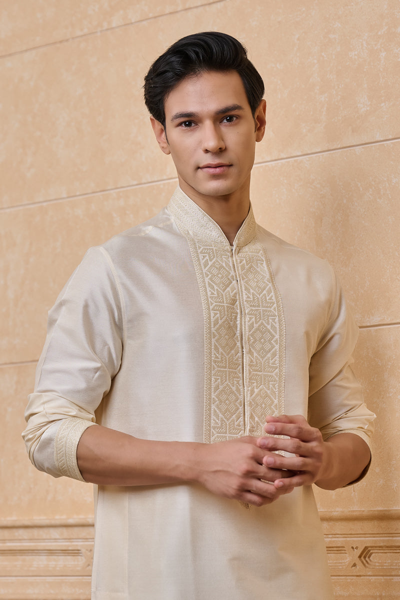 Ivory Kurta Set With Cross Stitch Yoke Detailing
