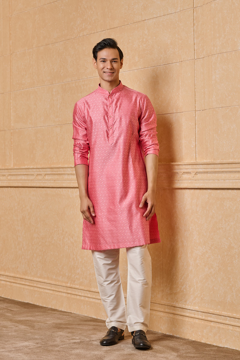 Pink Floral Jacquard Kurta Set