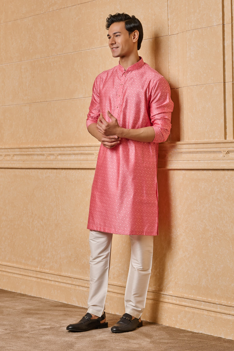 Pink Floral Jacquard Kurta Set