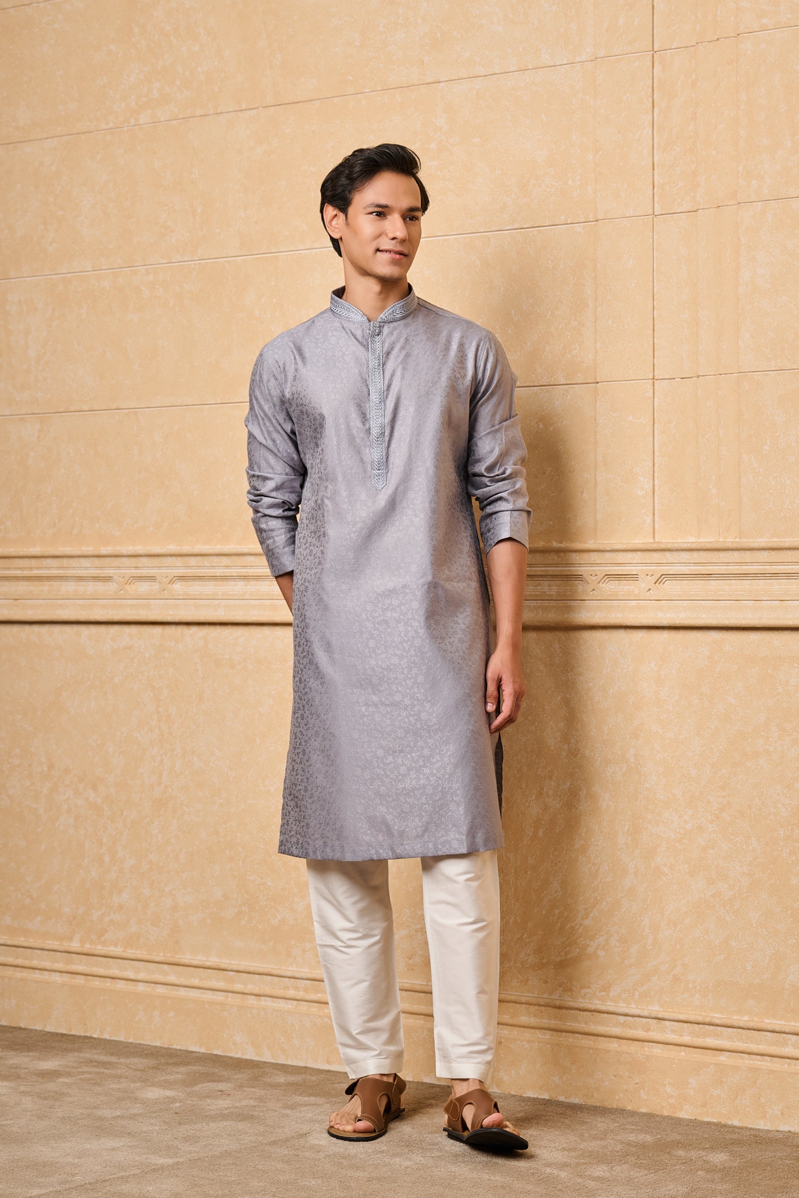 Grey Floral Kurta Set With Top Stich Detailing