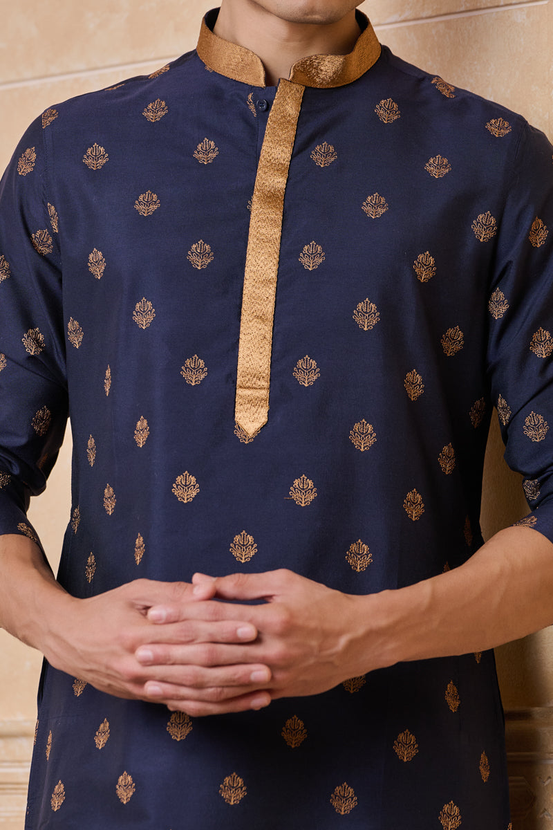 Navy Kurta Set With Embroidery Highlights