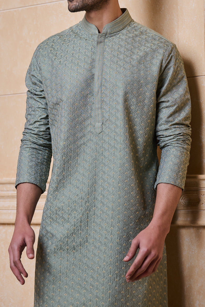Olive All Over Thread Embroidered Kurta Set