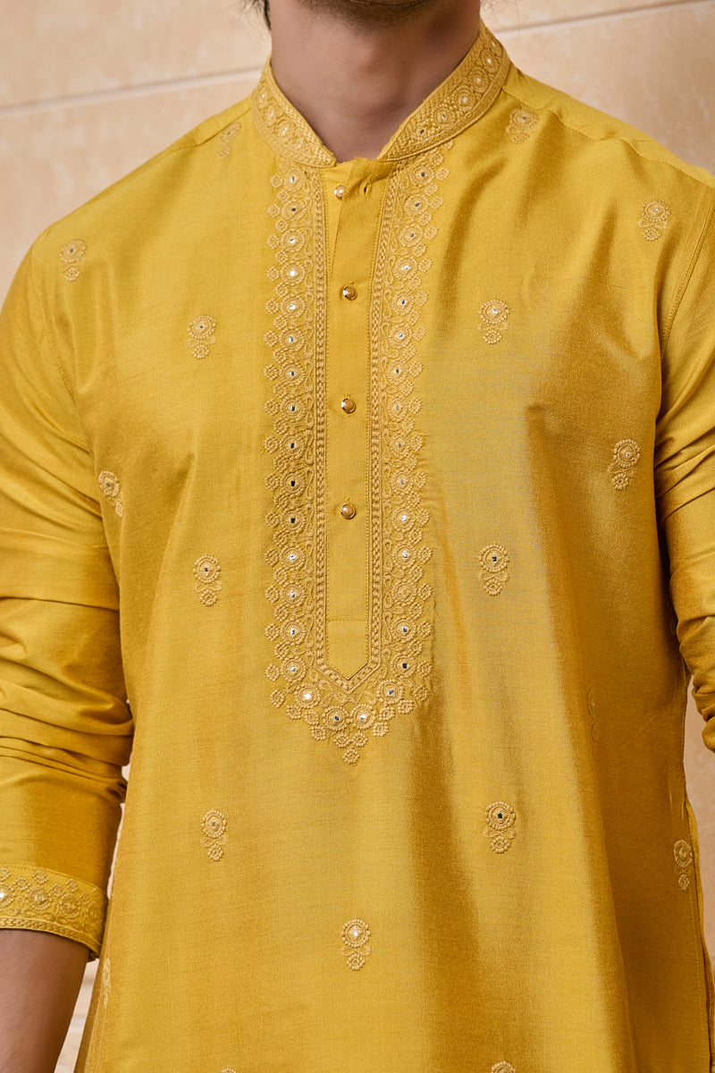 Yellow Embroidered Kurta Set With Mirror Work