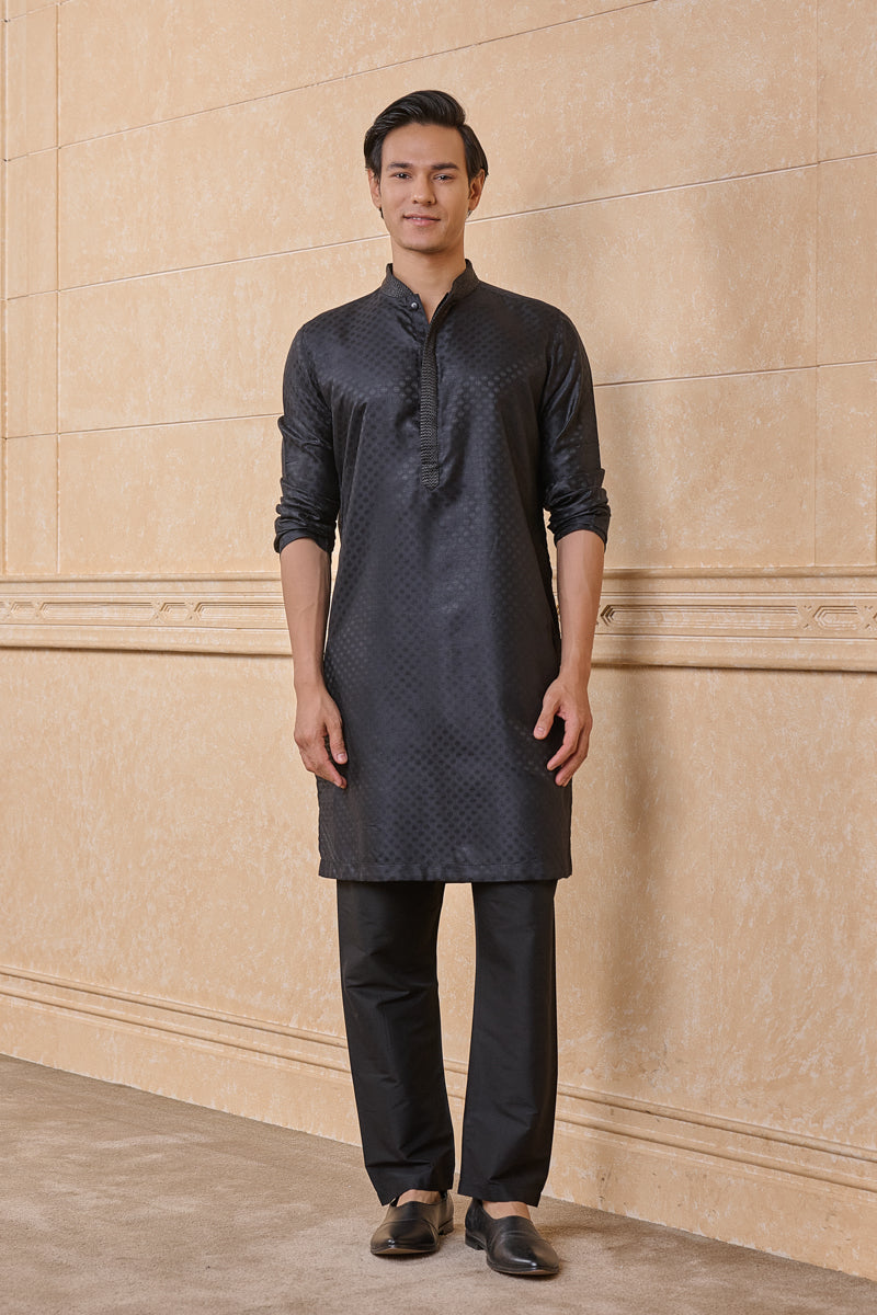 Black Classic Jacquard Kurta Set