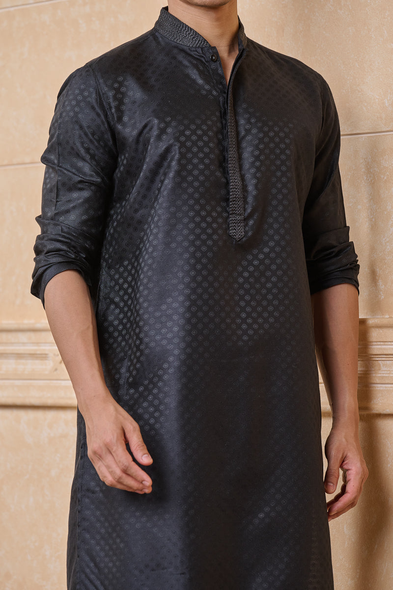 Black Classic Jacquard Kurta Set