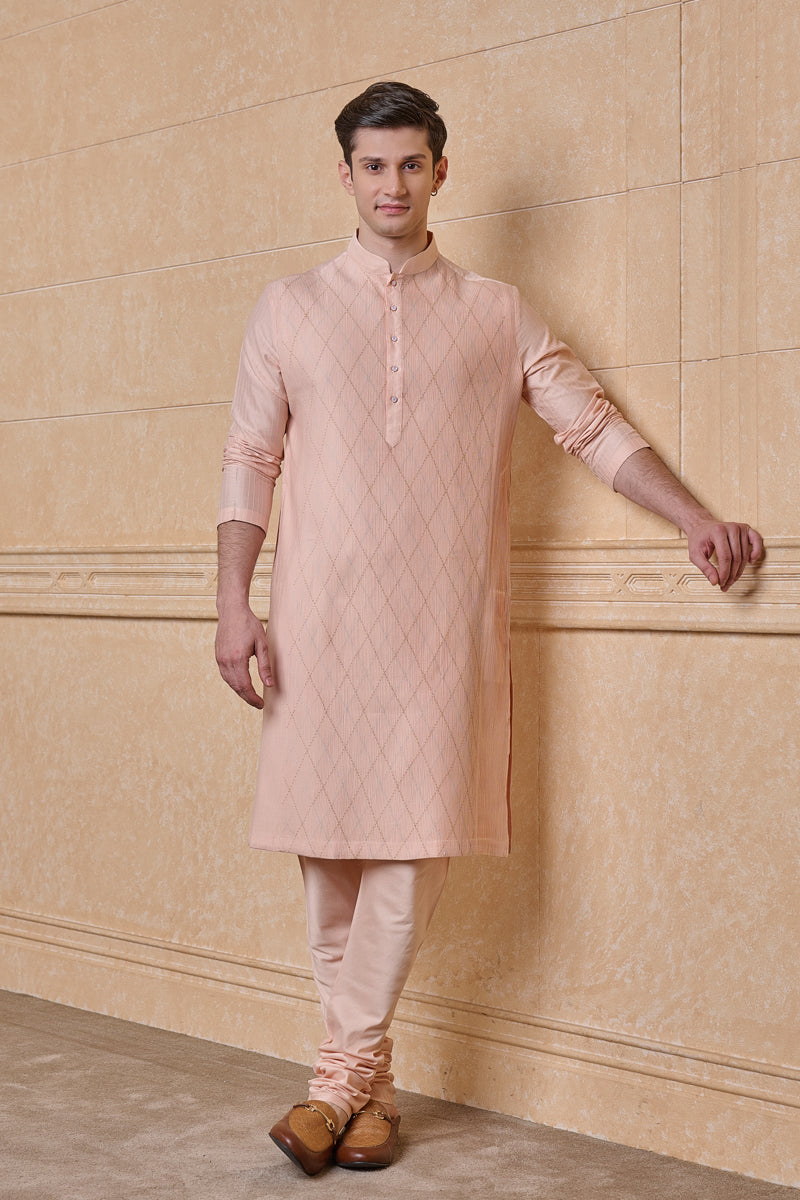 Peach Kurta Set With Textured Detailing