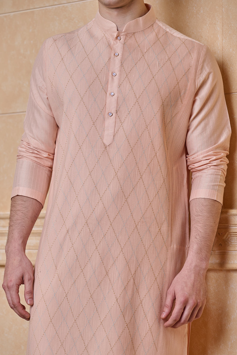 Peach Kurta Set With Textured Detailing