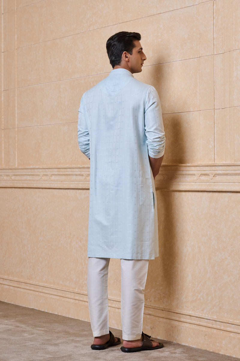 Light Blue Jacquard Kurta Set with Mirror Detailing on Placket
