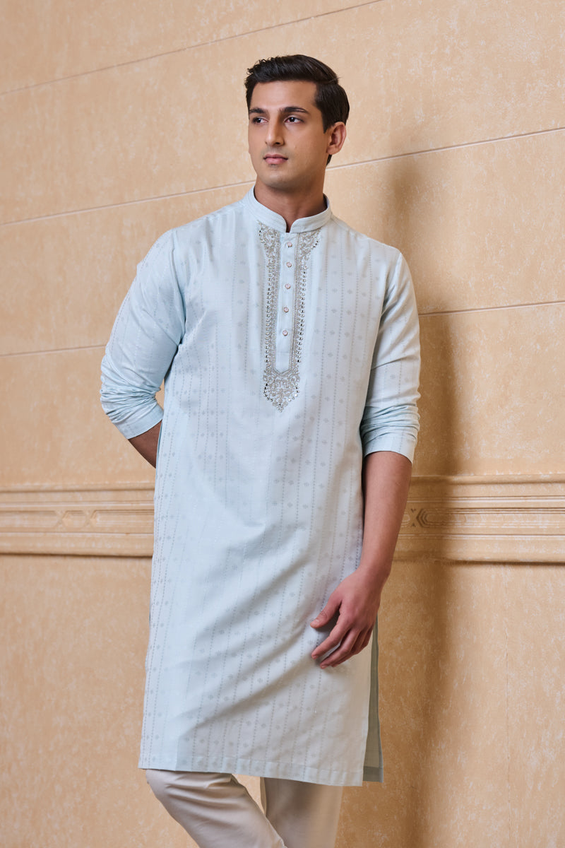 Light Blue Jacquard Kurta Set with Mirror Detailing on Placket